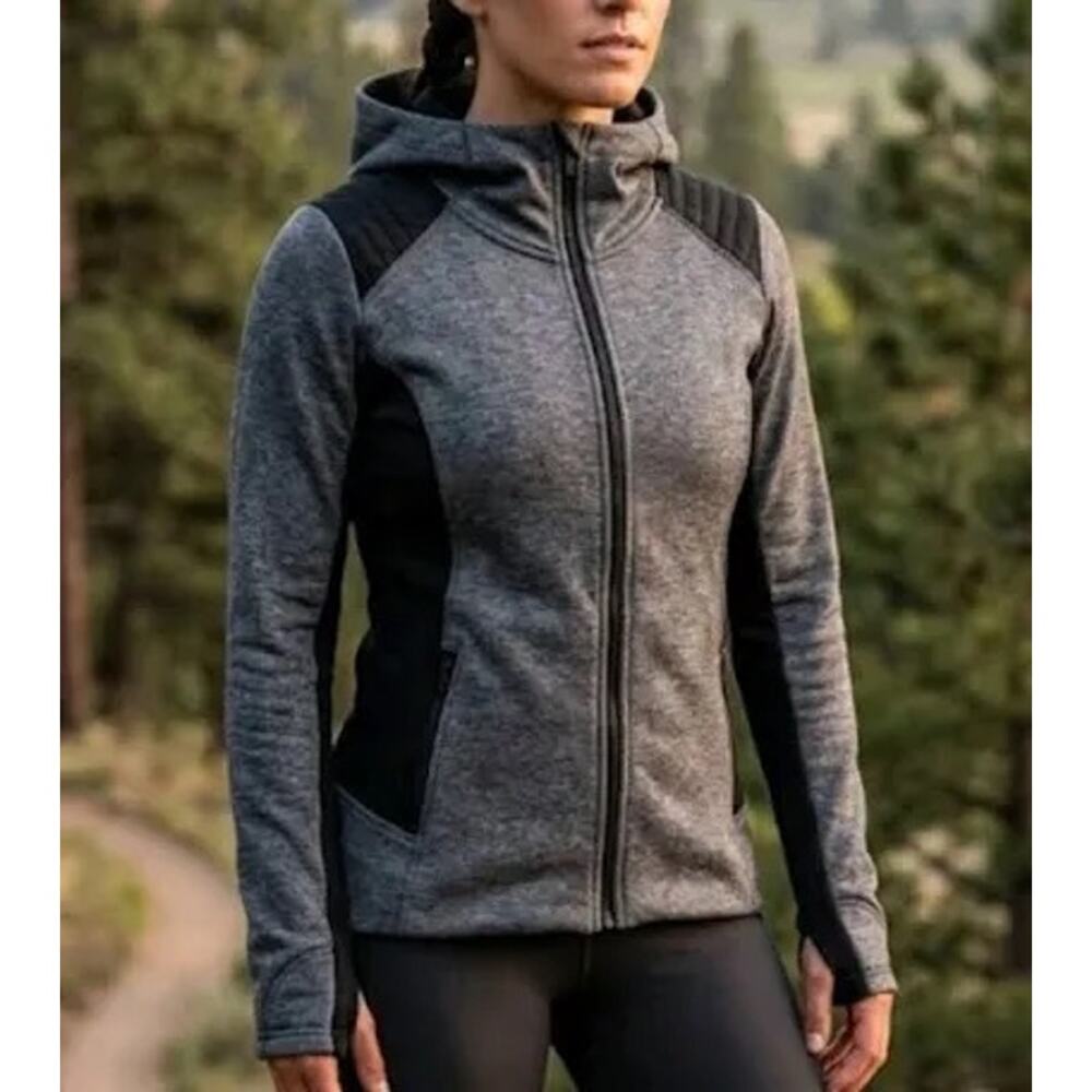 Athleta Stronger Hoodie Charcoal Gray Quilted Technical Zip Up Jacket XS